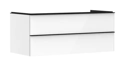 Waschtischunterschrank in Weiß, zwei Schubkästen, geeignet für einen Aufsatzwaschtisch. Design von Hansgrohe, einfache Linienführung.